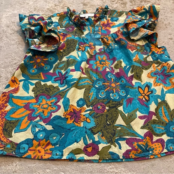 House of Harlow 1960 Vibrant Floral Ruffle Sleeve Boho Blouse Top Size Large - Picture 6 of 11